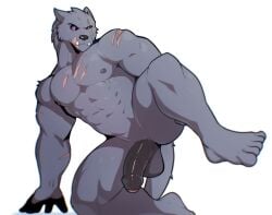 2024 abs anthro balls biceps big_balls big_muscles big_penis blaidd_(elden_ring) canid canine canis elden_ring foreskin fromsoftware fur genitals half-erect hi_res humanoid_genitalia humanoid_penis jrjresq kneeling looking_at_viewer male male_only mammal muscular muscular_anthro muscular_male navel nipples nude on_one_knee pecs penis plantigrade scar simple_background solo teeth thick_thighs tuft white_background wolf