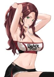 1girls adjusting_hair armpits arms_behind_head arms_up bandeau bangs bare_midriff bare_shoulders black_legwear black_skirt breasts brown_hair cleavage clothes_writing collarbone dorothea_arnault earrings female female_focus female_only fire_emblem fire_emblem:_three_houses green_eyes high_resolution highres j@ck jewelry large_breasts long_hair looking_at_viewer mouth_hold navel nintendo parted_bangs patreon patreon_reward post-timeskip simple_background skirt sweat thighhighs thighs tying_hair white_background