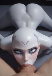 ai_generated alien alien_girl asajj_ventress ass ass_focus ass_up athletic_female bald bald_female balls_deep blowjob blue_eyes deepthroat duchess_eugene eye_contact face_fucking fellatio human human_penetrating light-skinned_male looking_at_viewer male_pov mascara mascara_tears naked nude pov star_wars tagme