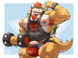 2023 anthro areola armpit_hair barazoku beard biceps big_bulge big_muscles big_penis blue_background bodily_fluids body_hair border bowser bracelet breath bulge chest_hair clothed clothing detailed_bulge dumbbell exercise eyebrows facial_hair flexing genitals grey_border h155296 hair horn huge_muscles humanoid_genitalia humanoid_penis jewelry jockstrap kemono koopa logo looking_at_viewer male male_only manly mario_(series) muscular muscular_anthro muscular_male musk nintendo nipple_piercing nipple_ring nipples non-mammal_nipples obliques open_mouth open_smile pecs penis penis_base piercing pubes quads ring_piercing scalie serratus shell shirt signature simple_background smile solo spiked_bracelet spiked_shell spiked_tail spikes spikes_(anatomy) standing sweat tail tank_top teeth thick_arms thick_thighs tongue topwear underwear vein weightlifting weights workout