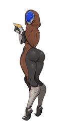 bodysuit cloak darkdragoon looking_at_viewer mask mass_effect pinup pinup_pose quarian simple_background skintight_bodysuit thick_ass thick_thighs white_background