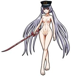 1girls artemis-polara artemispolara barefoot breasts feet female hat nipples nude nude_female pubic_hair sky_striker_ace_-_roze sky_striker_ace_roze sword transparent_background yu-gi-oh!
