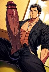 ai_generated aonoshishi balls bara big_balls big_penis bulge clothing erection kiryu_kazuma male male_nipples male_only manly mature_male muscular_male nipples penis ryuu_ga_gotoku sega yakuza_(series)