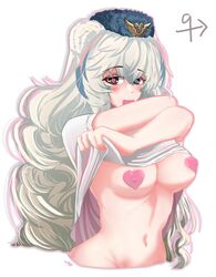 animal_ear_fluff animal_ears arknights bear_ears bear_girl belly_button blush breasts fluffy_hair hat heterochromia kemonomimi lifting_clothing lifting_shirt long_hair looking_at_viewer medium_breasts midriff pasties pink_heart_pasties pink_pasties rosa_(arknights) undressing white_background white_hair