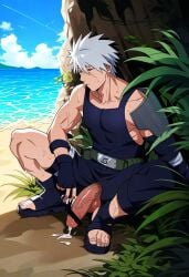 ai_generated aonoshishi balls bara big_balls big_penis clothing cum erection hatake_kakashi kakashi_hatake male male_only muscular_male naruto naruto_(series) penis