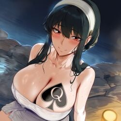 big_breasts big_breasts black_hair blacked blacked_tattoo blush himeno light-skinned_female light_skin looking_pleasured netorare ntr red_eyes smile smiling spy_x_family termal_water towel towel_only yor_briar yor_forger