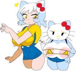 2girls anthro big_breasts bow breasts busty cigarette clothed clothing dream-cassette duo felid feline felis female female_only hello_kitty hello_kitty_(character) hello_kitty_(series) huge_breasts kemonomimi kitty_white mammal minus8 nipples sanrio short_hair smoking tagme transparent_background voluptuous white_hair