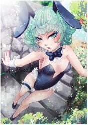 1girls absurd_res bowtie breasts bunny_ears bunny_girl bunnysuit cleavage from_above gensox green_eyes green_hair hi_res high_heels looking_at_viewer matching_hair/eyes one-punch_man outdoors parted_lips patreon_username short_hair small_breasts solo standing tatsumaki variant_set