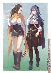 2girls alternate_costume ascot black_footwear black_hairband black_pantyhose black_skirt blue_cape blue_eyes blue_footwear blue_hair brand_of_the_exalt breasts brown_eyes brown_hair cape cleavage commission english_commentary female female_only fire_emblem fire_emblem_awakening fire_emblem_fates full_body garreg_mach_monastery_uniform hair_between_eyes hair_over_one_eye hair_ribbon hairband highres kagero_(fire_emblem) large_breasts long_hair long_sleeves looking_at_another lower_teeth_only lucina_(fire_emblem) multiple_girls mzrz nintendo pantyhose red_cape ribbon scarf shirt skirt small_breasts symbol_in_eye teeth two-tone_cape white_ascot white_ribbon white_shirt yellow_scarf
