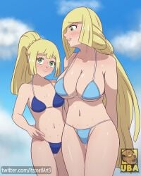 2girls alternate_version_available big_breasts bikini bikini_bottom bikini_top blonde_hair blue_bikini blush bottomwear breasts cleavage daughter female female_only game_freak green_eyes hair hand_on_hip huge_breasts itzcoatl light_blue_bikini lillie_(pokemon) long_hair lusamine_(pokemon) mature mature_female mature_woman meme milf mother mother_and_daughter mother_daughter_boob_envy_(meme) pokemon pokemon_sm ponytail small_breasts swimwear topwear wet wet_pussy