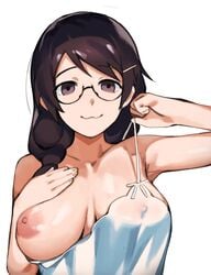 :3 bakemonogatari big_breasts breasts crab_(artist) female glasses hanekawa_tsubasa monogatari_(series) nightgown one_breast_out smug solo