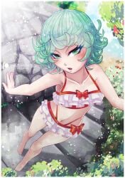 1girls absurd_res barefoot breasts feet frilled_bikini from_above gensox green_eyes green_hair hi_res looking_at_viewer matching_hair/eyes navel one-punch_man outdoors parted_lips patreon_username short_hair small_breasts solo standing swimsuit tatsumaki thighs variant_set