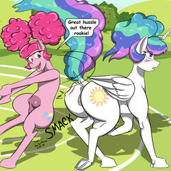 1:1 2018 action_pose alicorn anthro anus blush butt_smack clitoris crotchboobs cutie_mark dialogue duo english_text equid feathered_wings feathers female female/female friendship_is_magic fur genitals hair hasbro hi_res hooves horn mammal multicolored_hair multicolored_tail my_little_pony open_mouth outside pink_body pink_fur pink_hair pinkie_pie_(mlp) plant pose princess_celestia_(mlp) pussy rainbow_hair rainbow_tail sailoranna smooth_skin text tree white_body white_fur wings yuri