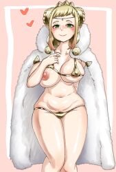 1girls alternate_costume areola_slip areolae bangs bare_arms bare_legs bare_midriff bikini blonde_hair blush breast_slip breasts breasts_out cape cloak closed_mouth coat double_bun female female_only female_pubic_hair fire_emblem fire_emblem_heroes flashing flashing_breasts fur_cloak fur_coat gold_bikini gold_swimsuit gradient_hair green_eyes hair_bun hand_on_own_chest heart henriette_(fire_emblem) highres large_breasts legs looking_at_viewer mature mature_female midriff multicolored_hair nintendo nipples one_breast_out pink_background pink_hair plump ponimeko pubic_hair pubic_hair_peek queen revealing_clothes royalty short_bangs short_hair sideboob sidelocks skindentation smile solo swept_bangs swimsuit underboob yellow_bikini yellow_hair yellow_swimsuit
