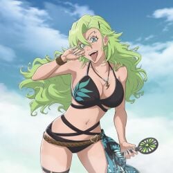 absurdres bikini bleach bleach:_sennen_kessen-hen bleach_brave_souls breasts candice_catnipp cleavage female green_eyes green_hair highres jewelry large_breasts long_hair nail_polish navel necklace official_alternate_costume solo swimsuit tongue tongue_out