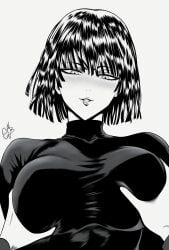 1girls 1other aroused big_breasts black_and_white black_hair blush breast_grab dress excited female fubuki_(one-punch_man) full_lips grabbing_breasts hand_on_breast hi_res human large_breasts light-skinned_female light_skin looking_at_viewer looking_pleasured mature_female mostlybluewyatt one-punch_man pleasure_face short_hair tagme