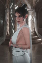 1girls 3d 3d_render baldur's_gate baldur's_gate_3 black_hair braided_hair ceeeeekc dress elegant elf_female green_eyes indoors jewelry looking_at_viewer pointy_ears scar shadowheart sideboob smile smirk solo standing