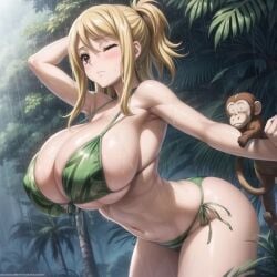 1animal 1girls ai_generated big_ass big_breasts big_butt bikini blonde_female blonde_hair fairy_tail green_clothing huge_breasts interspecies_relationship jungle lucy_heartfilia monkey outdoors