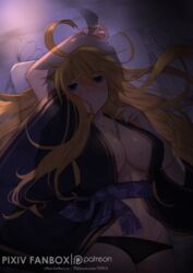 1girls asian_clothing blonde_hair blue_eyes blush breasts brother_and_sister dragalia_lost euden incest japanese_clothes long_hair looking_at_viewer lying_on_back offscreen_character offscreen_male on_bed panties pillow silhouette solo_female sweat y0na zena_(dragalia_lost)