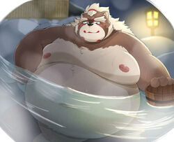 2021 anthro balls bathing belly brown_body brown_fur canid canine fur genitals goemon_(tas) hi_res kemono kwzu male mammal moobs night nipples obese obese_anthro obese_male overweight overweight_anthro overweight_male raccoon_dog solo tanuki tokyo_afterschool_summoners video_games water