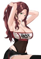 1girls adjusting_hair armpits arms_behind_head arms_up bandeau bangs bare_shoulders black_legwear black_skirt breasts brown_hair cleavage clothes_writing collarbone covered_navel dorothea_arnault earrings female female_focus female_only fire_emblem fire_emblem:_three_houses green_eyes high_resolution highleg highleg_leotard highres j@ck jewelry large_breasts leotard long_hair looking_at_viewer mouth_hold nintendo parted_bangs patreon patreon_reward post-timeskip simple_background skirt sweat thighhighs thighs tying_hair white_background