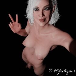 3d baldur's_gate_3 big_breasts blue_eyes flaccid flaccid_penis futa_only futanari isobel_(baldur's_gate) looking_at_viewer peace_sign selfie selfie_pose white_hair yeetiques