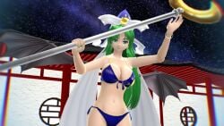 1girls 2024 3d_(artwork) bat_wings bikini blue_hat blur bracelet dark_blue_bikini ghost_girl green_fingernails green_hair_female hati_yukkuri_mmd headwear light-skinned_female long_hair_female looking_at_viewer magician mima mmd night_sky outdoors solo_female solo_focus spirit staff stars swimsuit touhou touhou_(pc-98)