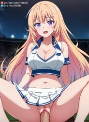 ai_generated anime blonde_hair cheerleader cheerleader_uniform classroom_of_the_elite cowgirl_position ichinose_honami_(cote) large_breasts purple_eyes ranwai sex stable_diffusion youkoso_jitsuryoku_shijou_shugi_no_kyoushitsu_e