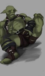 abs bulge dagantfus_(artist) genitals goblin green_body green_skin hi_res humanoid humanoid_pointy_ears male muscular muscular_humanoid muscular_male nipple_piercing nipples of_orcs_and_men pecs penis piercing solo styx_(of_orcs_and_men)