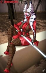 2024 alien alien_girl big_breasts clothed clothed_female clothing female female_only fully_clothed fully_clothed_female lightsaber looking_at_viewer monsterart necklace sfw_version shaak_ti shiny shiny_skin sith skimpy_clothes solo solo_female star_wars text