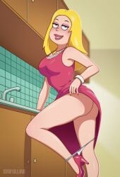 1female american_dad ass blonde_hair blush bracelet eyeshadow francine_smith high_heels kitchen looking_at_viewer milf nail_polish panties_around_legs panties_down pink_dress pink_heels pink_nail_polish removing_panties sinfulline smiling smiling_at_viewer solo solo_female