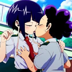 1boy 1girls ai_generated alfort boku_no_hero_academia female french_kiss french_kissing groping_breasts groping_through_clothes jirou_kyouka kissing kyoka_jiro male mineta_minoru minoru_mineta my_hero_academia school_uniform tongue_kiss