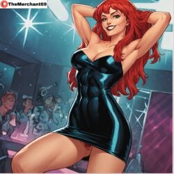 1girls ai_generated big_breasts black_dress camera_pov cleavage club comic dress female fit fit_female green_eyes hairy_pussy lipstick long_hair looking_at_viewer marvel marvel_comics mary_jane_watson nightclub pov pussy red_hair solo spider-man_(series) themerchant69