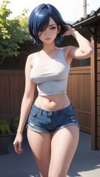 1female 1girls ai_generated armpits backyard belly_button blue_eyes blue_hair clothed crop_top denim denim_shorts erect_nipples female_focus hand_on_hair japanese_architecture japanese_house jean_shorts jorts kirishima_touka nipples_visible_through_clothing no_sex outdoors pale pale-skinned_female pale_skin pale_skinned_female short_hair short_hair_female skinny skinny_female skinny_girl solo solo_female tagme tank_top tanktop tokyo_ghoul