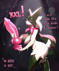 2024 anthro big_breasts blush breasts dialogue dildo english_text female fur generation_9_pokemon green_body green_fur hi_res huge_dildo looking_at_viewer meowscarada nintendo pokemon pokemon_(species) prsmrti sex_toy solo text