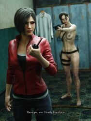 2girls 3d ada_wong barefoot belt claire_redfield clothed_female clothed_female_nude_female female firearm gun gunpoint human legwear nude_female pale_skin public resident_evil shotgun tactical_nudity waywardsfm weapon