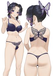 ass back back_view big_ass bra breasts butterfly butterfly_hair_ornament carlo_montie cleavage demon_slayer female groin highres kimetsu_no_yaiba kochou_shinobu large_breasts navel panties purple_eyes purple_hair smile solo stomach thick_thighs thong