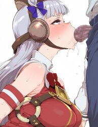 ai_generated animal_ears ear_muffs fellatio female gold_ship_(umamusume) horse_girl long_hair oral pink_eyes ribbon_in_hair silver_hair sucking umamusume umamusume_pretty_derby