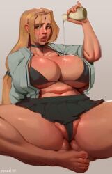 1girls alcohol ass_visible_from_the_front blonde_hair bra drink feet female large_breasts long_hair naruto naruto_(series) naruto_shippuden nezulet open_shirt pouring_on_self shirt sitting skirt thick_lips thong tsunade voluptuous voluptuous_female