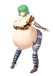 bbw big_breasts chubby cleavage female green_hair hand_on_breast hikage_(senran_kagura) huge_belly hyper_belly looking_at_viewer navel orange_eyes pants pregnant ready_to_pop ripped_clothing senran_kagura shoes short_hair slit_pupils snake_eyes tagme tattoo thick_thighs thickerwasp tight_clothing weight_gain white_background