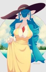 1girls anthro big_breasts black_sclera blue_hair dress drill_hair eyes_visible_through_hair female female_gardevoir female_only gardevoir generation_3_pokemon hair_between_eyes hat hi_res inner_sideboob large_hat long_dress long_hair looking_at_viewer mammal nintendo peachcupp pokémon_(species) pokemon pokemon_(species) shiny_gardevoir shiny_pokemon sideboob smiling smiling_at_viewer solo yellow_dress yellow_eyes