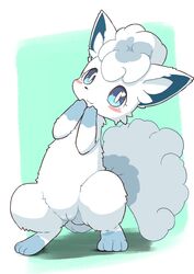 2021 alolan_vulpix big_eyes blue_body blue_eyes blue_fur blush cleft_of_venus female feral fluffy fluffy_tail fur furry furry_only genitals hi_res inner_ear_fluff koorinezumi leg_markings markings nintendo on_hind_legs paws peach_pussy pokemon pokemon_(species) pupils pussy regional_form_(pokémon) slit_pupils smile socks_(marking) solo standing tail tuft video_games vulpix white_body white_fur white_pupils