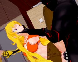 1boy 1girls 3d arrancon blonde_female blonde_hair bra grabbing_face grimm_(rwby) grimmed half-dressed half_naked long_hair long_hair_female monster_boy monster_cock nude_male penetration purple_eyes robotic_arm rwby sex sideways yang_xiao_long