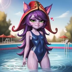 ai_generated bedroom_eyes blue_swimsuit cameltoe green_eyes grin league_of_legends lulu_the_fae_sorceress nipples_visible_through_clothing one-piece_swimsuit petite pool purple_hair purple_skin skin_tight small_breasts turkeyman_ai wet_body wet_clothes wet_skin yordle