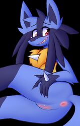 2021 anthro anus ass blue_body blue_fur chest_tuft claws cute_fangs female fur gaping gaping_anus genitals inget lucario nintendo nude pink_eyes pokemon pokemon_(species) presenting presenting_hindquarters pussy simple_background smile solo tuft video_games yellow_body yellow_fur