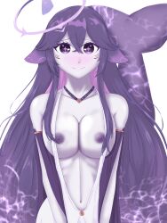 big_breasts blush girl im_tim megalodon_(vtuber) purple_eyes purple_hair purple_skin pushing_breasts_together solo solo_female squish