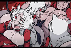 3girls animal_ear_fluff animal_ears ass breasts cerberus_(helltaker) collar demon_girl demon_tail dog_ears dog_girl doggy_style fangs glistening_body glistening_skin helltaker helltaker_(character) kemonomimi large_breasts licking_chest long_hair looking_back looking_pleasured mark_gavatino multiple_girls muscular_male open_mouth red_eyes rolling_eyes scar straight white_hair