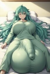 1futa ai_generated balls balls_bigger_than_penis balls_under_clothes bed big_balls big_breasts big_penis bulge civitai clothed date_a_live flaccid flaccid_penis fully_clothed futa_only futanari green_eyes green_hair green_pants green_shirt hair_between_eyes half-closed_eyes huge_balls huge_breasts huge_bulge indoors kyouno_natsumi long_hair long_sleeves looking_at_viewer lying lying_on_bed mizuiro01 on_back on_bed one_eye_closed pajamas pants penis_under_clothes pillow shirt solo solo_futa testicles very_long_hair