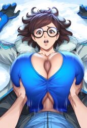 ai_generated arms_up blue_vest blur breast_grab breasts brown_hair cleavage clothed_female clothed_sex coat gigantic_breasts glasses huge_breasts massive_breasts mei_(overwatch) motion_blur motion_lines overwatch overwatch_2 paizuri paizuri_under_clothes pov pov_paizuri shocked snow suprised titjob worried