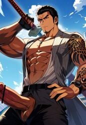 ai_generated aonoshishi balls bara big_balls big_penis clothing erection japanese_clothing kiryu_kazuma male male_nipples male_only manly mature_male muscular_male nipples penis ryuu_ga_gotoku sega yakuza_(series)